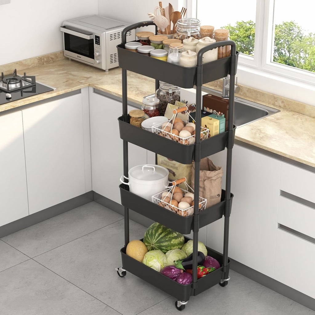 Chariot De Rangement Mobile 4 Niveaux – étagère Pour Outils Garage, Noir MZY-859